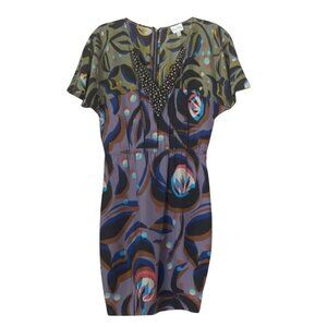 Tracy Reese 100% Silk Embellished V Neck Abstract Print Mini Dress Sz. M